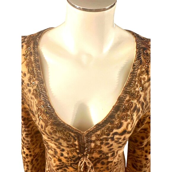 Dana Buchman Medium Vintage Leopard Merino Wool Beaded Top City Luxe Embellished - Picture 7 of 14